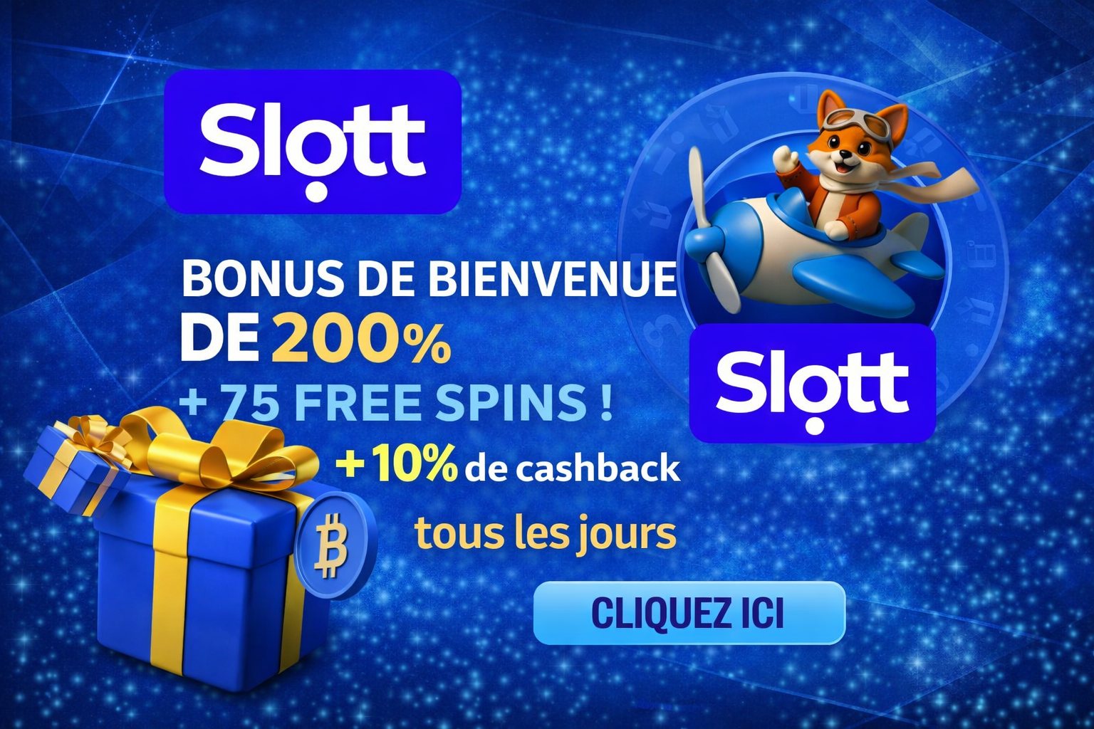 Slott Casino - Bonus de bienvenue 200% + 75 free spins et 10% cashback tous les jours